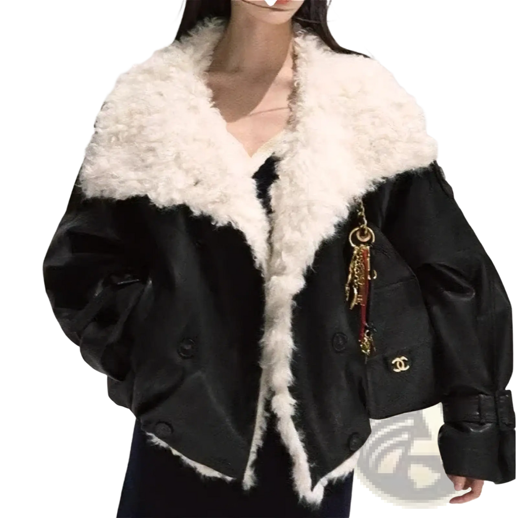 Black faux leather fur lined coat with plush white fur collar and cuffs for stylish cold weather wear