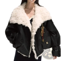 Black faux leather fur lined coat with plush white fur collar and cuffs for stylish cold weather wear