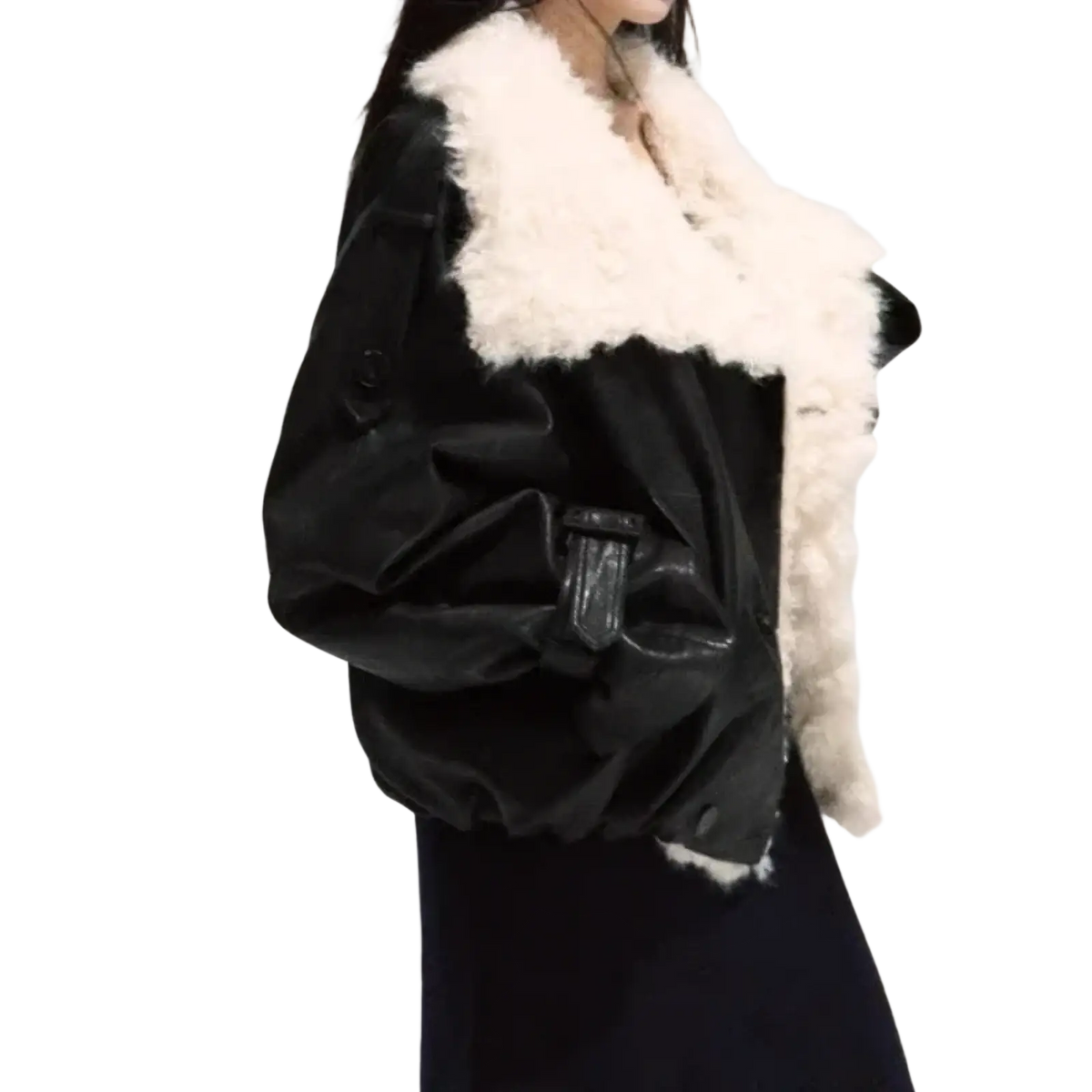 Black velvet faux leather fur lined bomber jacket with plush white shearling collar and black leather accents