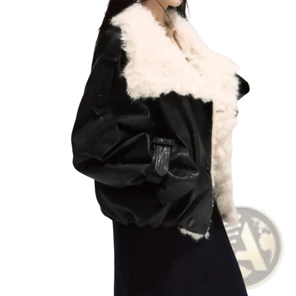 Black velvet faux leather fur lined bomber jacket with plush white shearling collar and black leather accents
