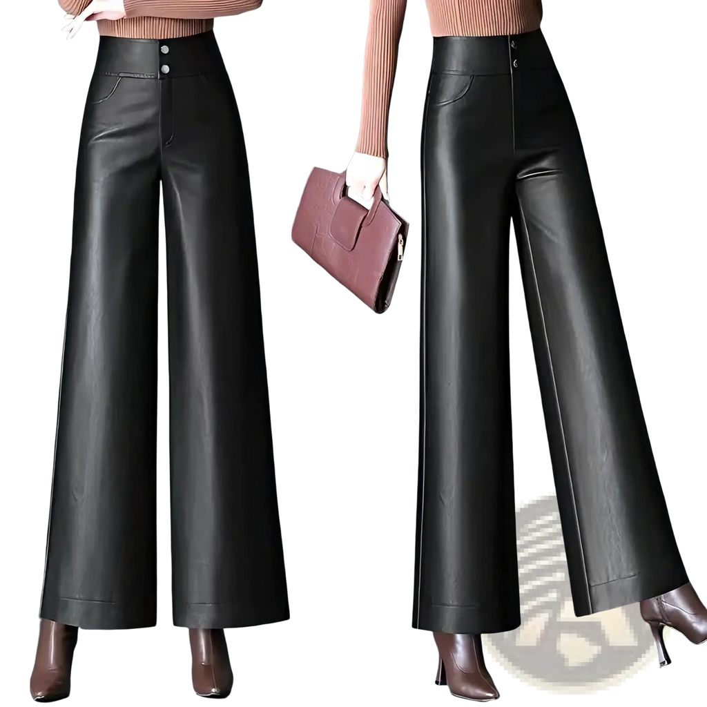 Black faux leather high waist wide leg pants with button closure ideal for stylish casual or office wear