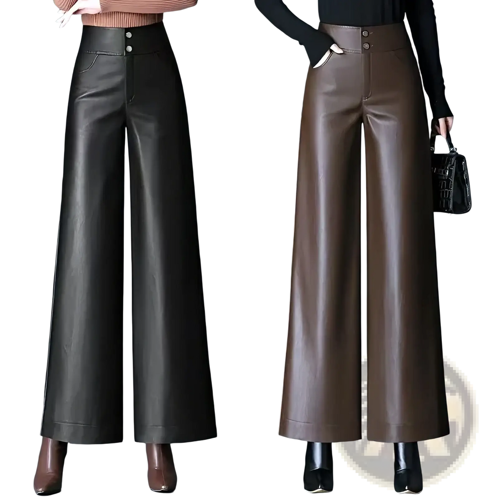 Faux leather high waist wide leg pants in black and brown with button closures and a glossy finish