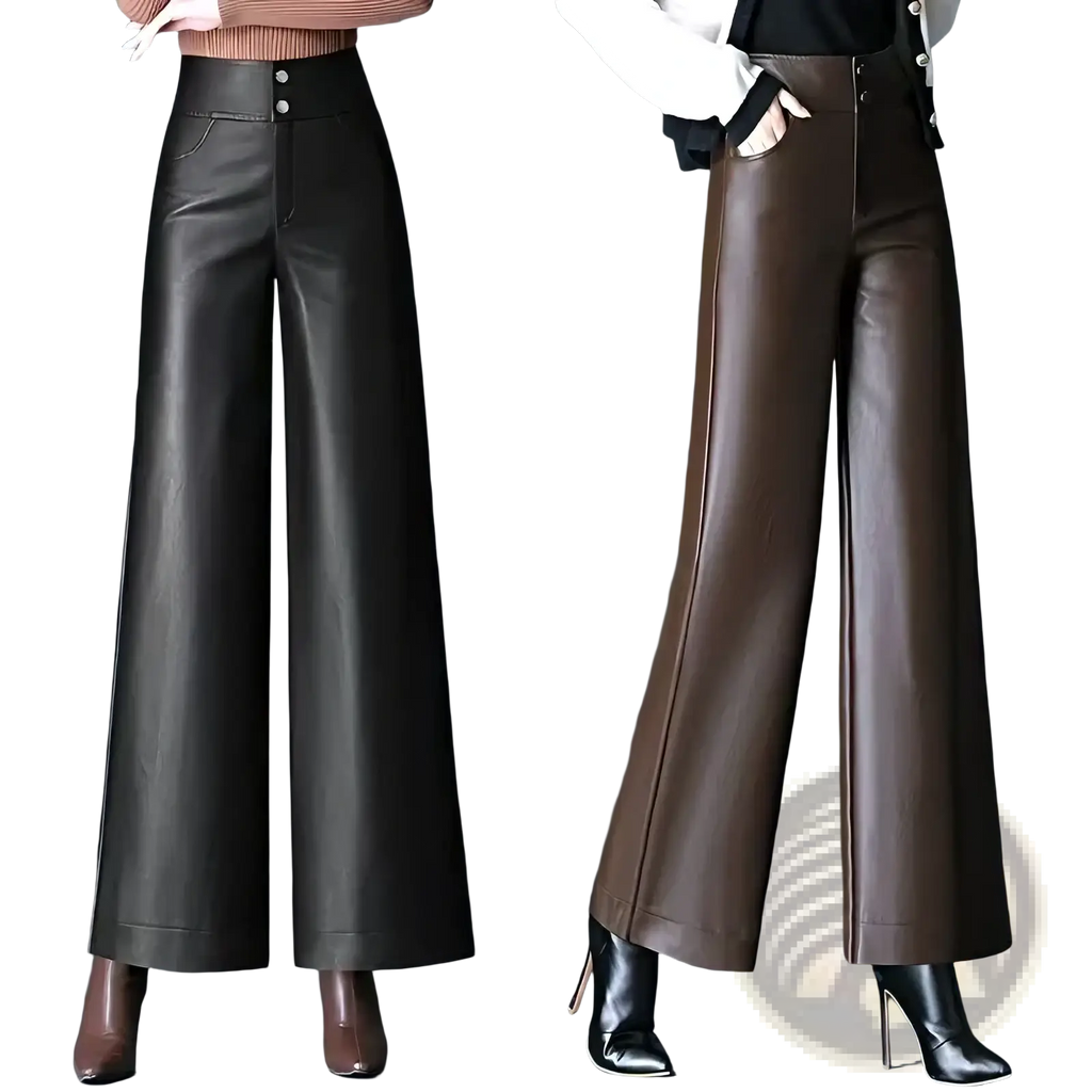 Black and brown faux leather high waist wide leg pants with button closures and straight legs front view