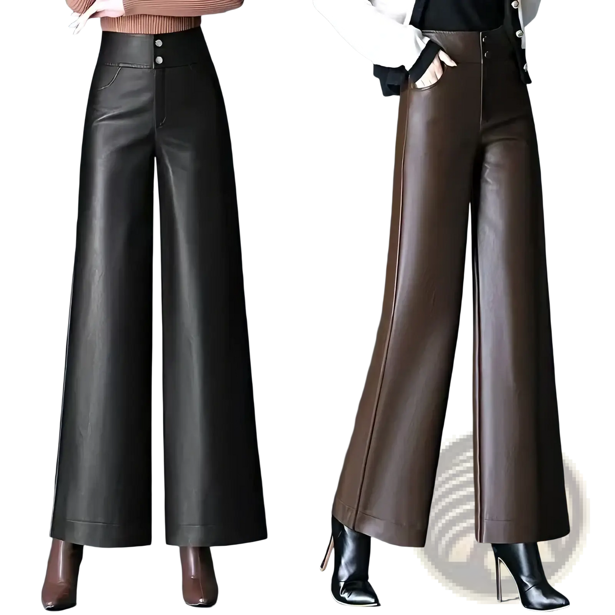 Black and brown faux leather high waist wide leg pants with button closures and straight legs front view
