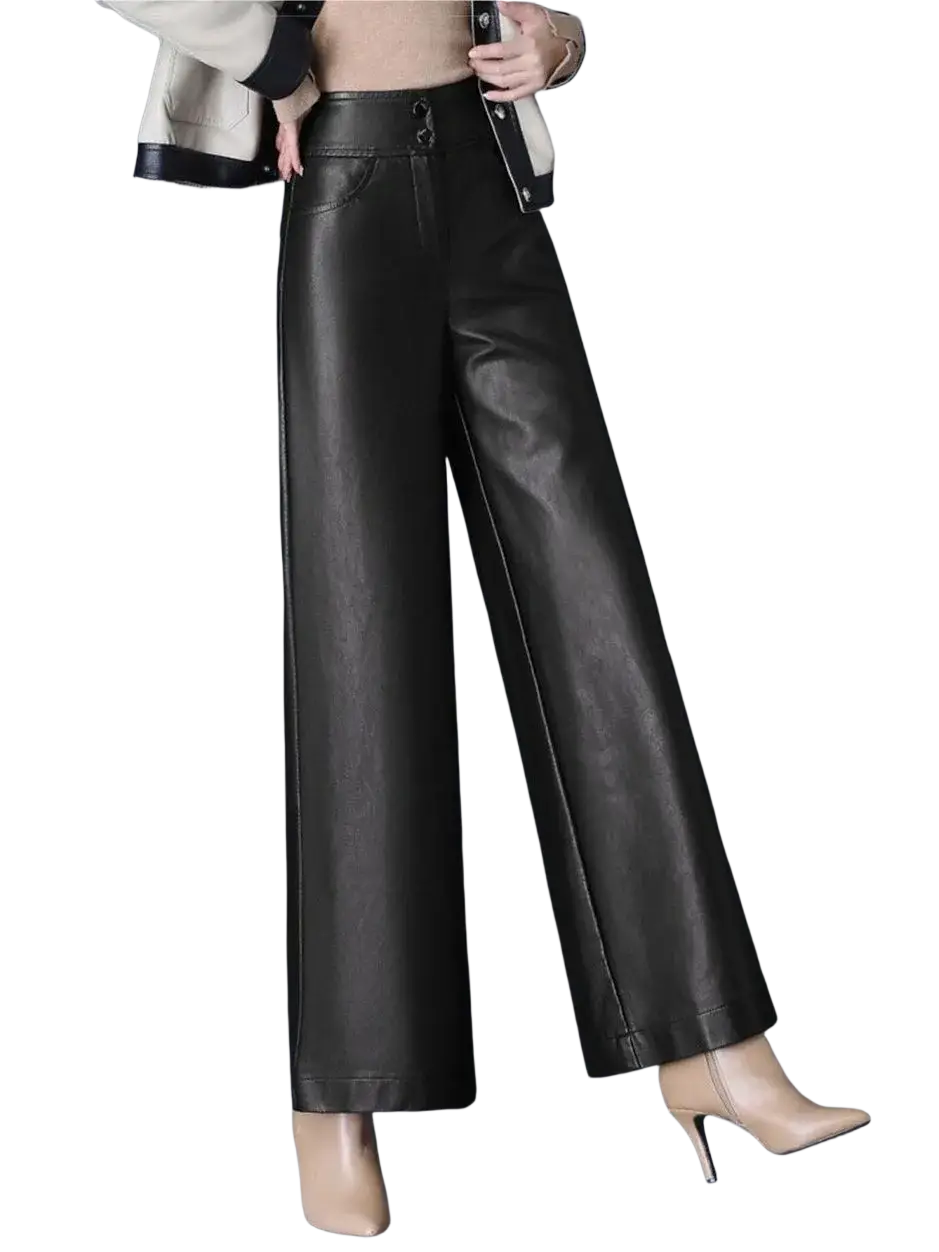 Black faux leather high waist wide leg pants shown from the back side with a sleek and modern design