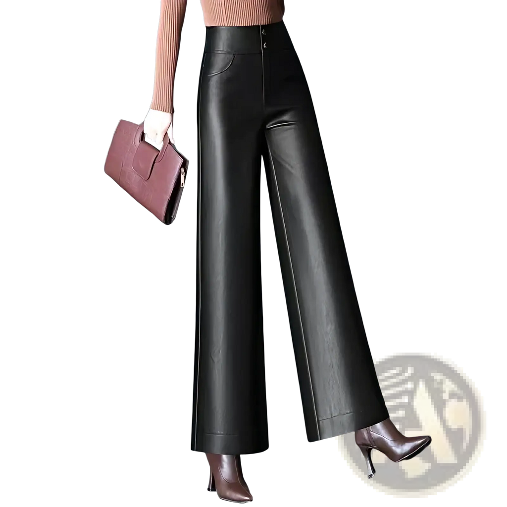 Black faux leather high waist wide leg pants shown from the back side with a sleek and structured fit