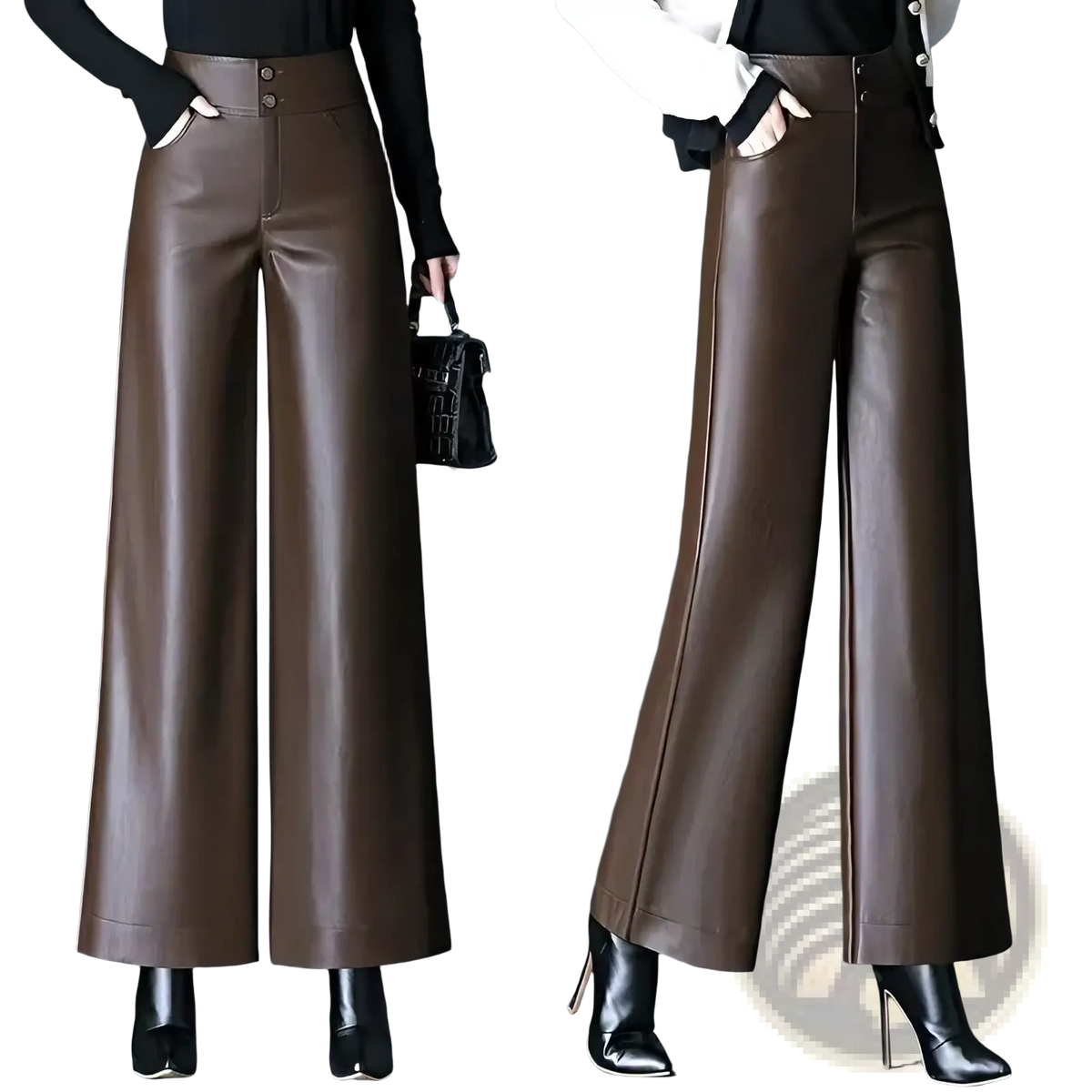 Brown faux leather high waist wide leg pants with button closure designed for stylish and comfortable wear
