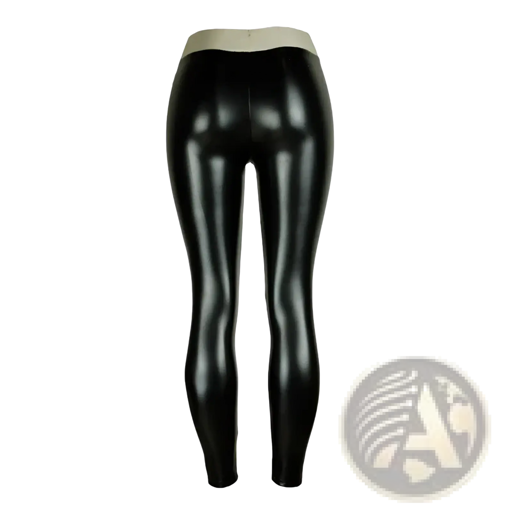 Black faux leather push up leggings with a glossy finish and high-waisted design featuring a contrasting light waistband