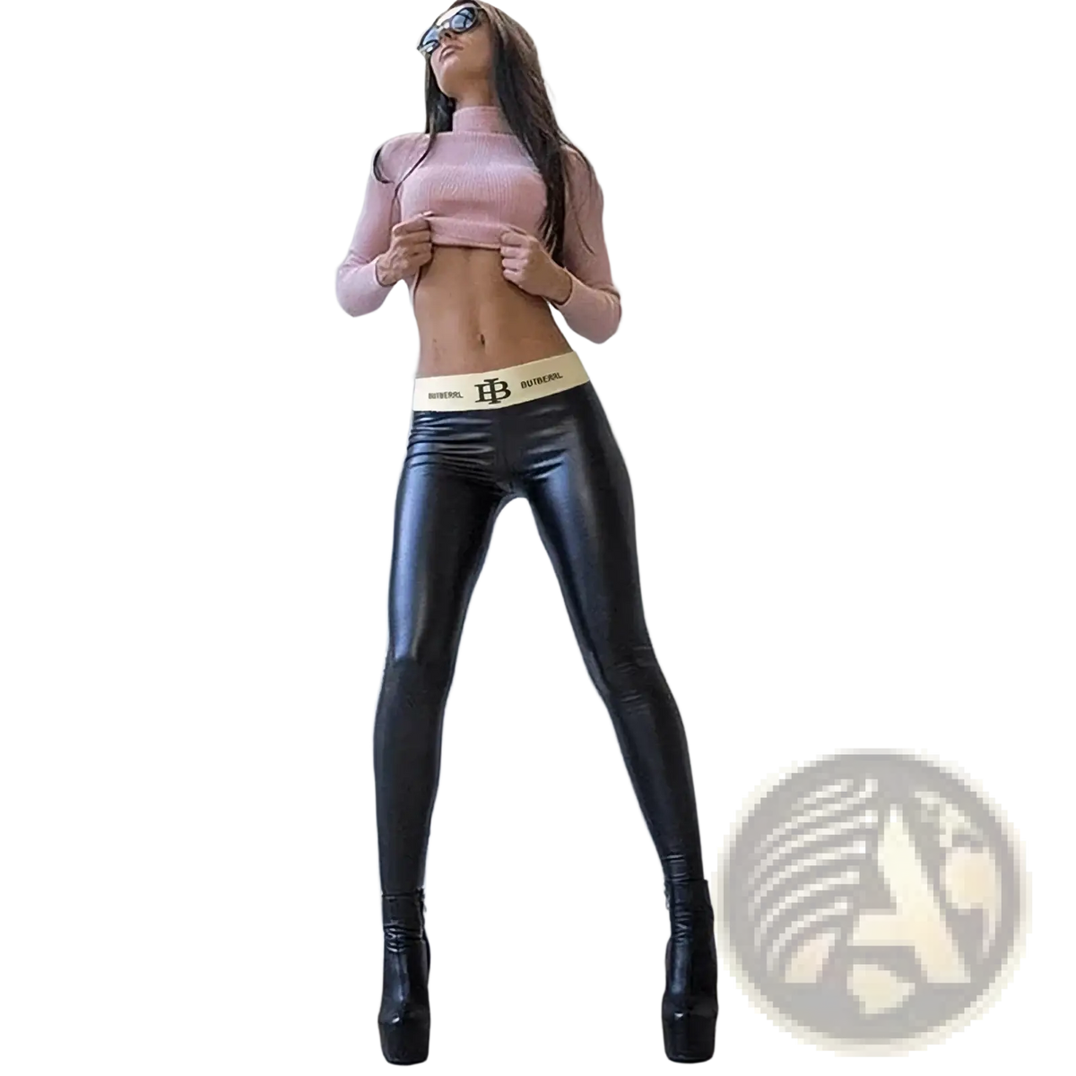 Black shiny faux leather push up leggings with cream-colored waistband featuring a logo in front view