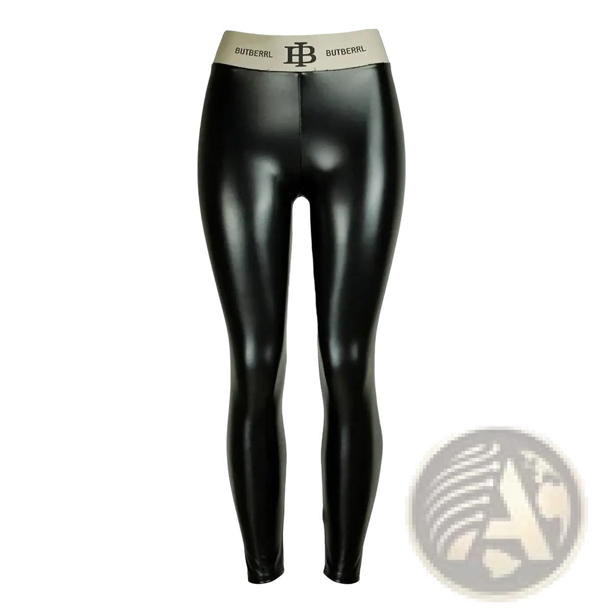 Black patent leather faux leather leggings with beige Burberry logo waistband push up black pants