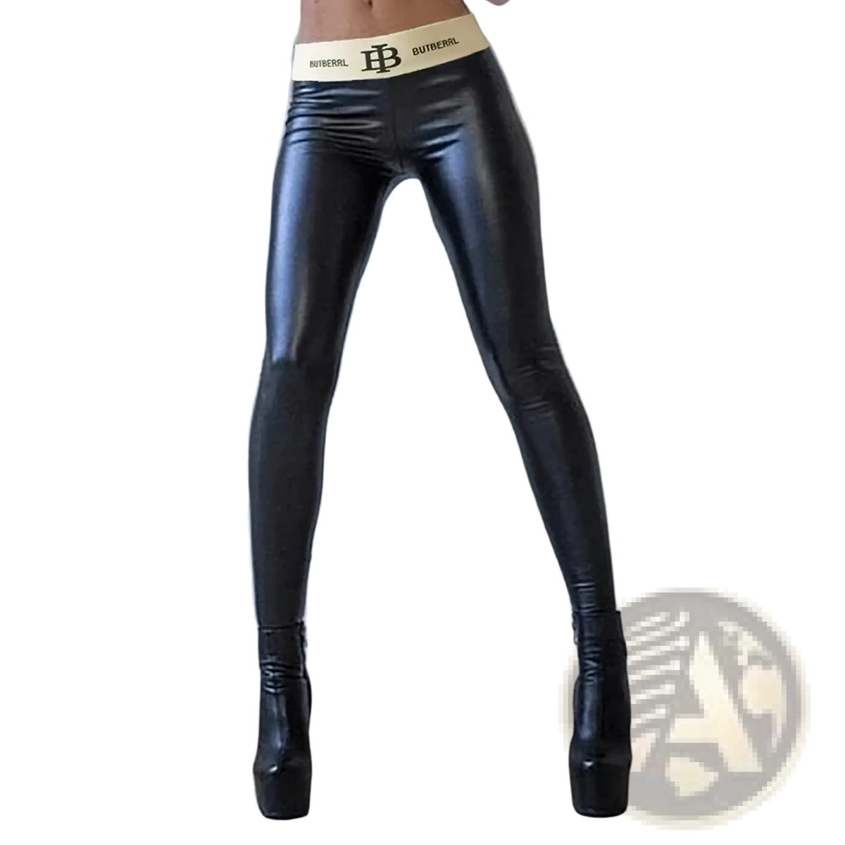 Black faux leather push up leggings with cream burberry logo waistband showing front side design