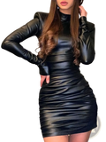 Black faux leather long sleeve mini dress with ruched detailing and high neckline for stylish evening wear