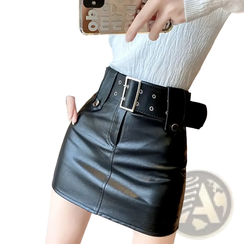 Black faux leather mini skirt with wide belt featuring silver-toned buckle and eyelets for a stylish look