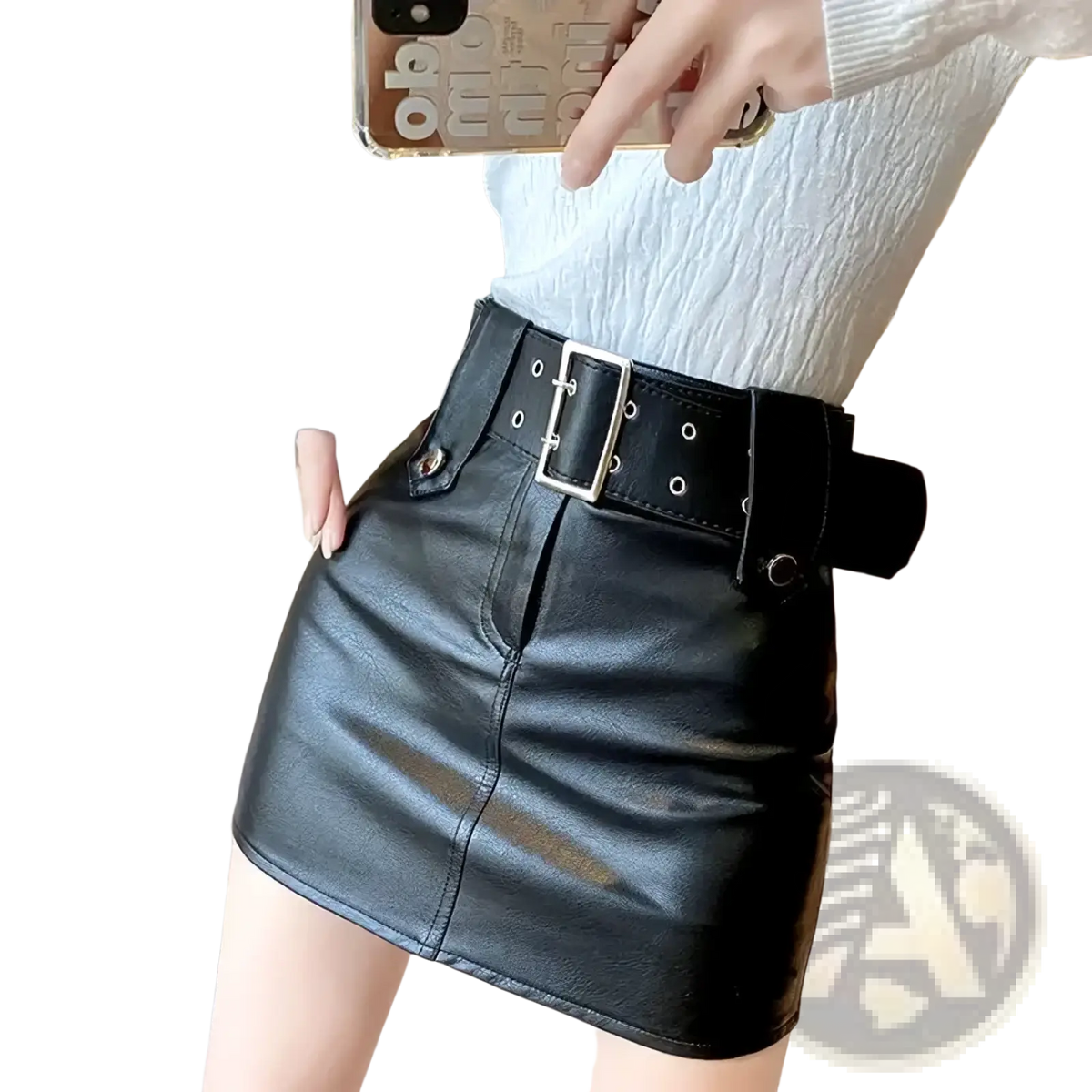 Black faux leather mini skirt with wide belt featuring silver-toned buckle and eyelets for a stylish look