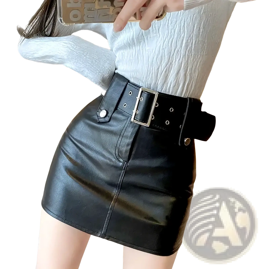 Black faux leather mini skirt with a wide belt featuring silver-toned hardware and button details