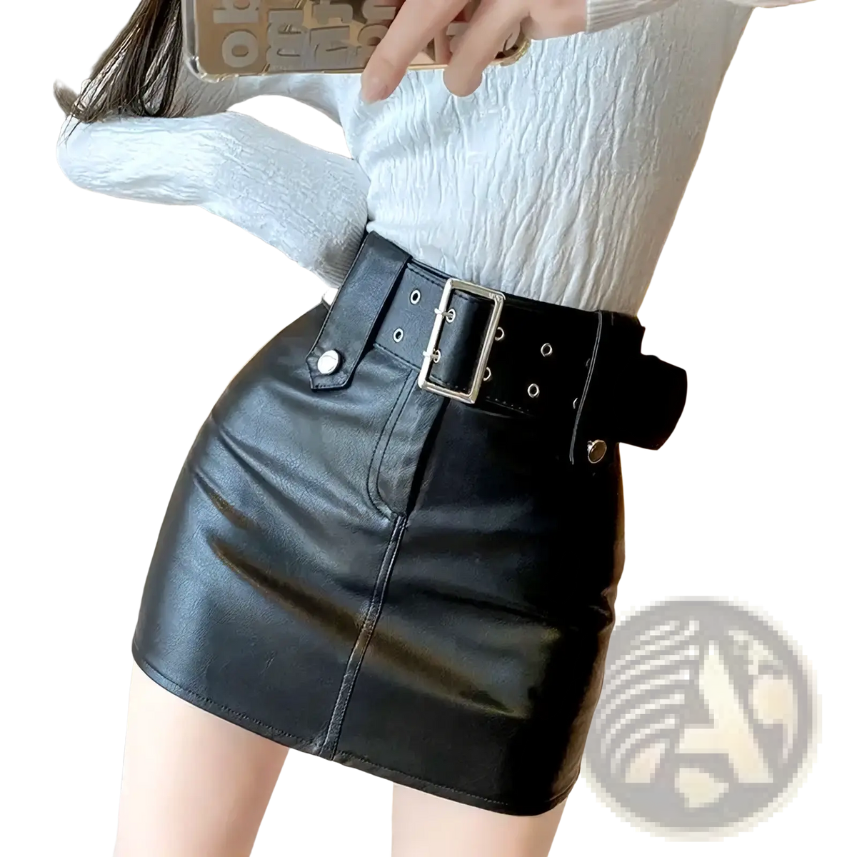 Black faux leather mini skirt with a wide belt featuring silver-toned hardware and button details