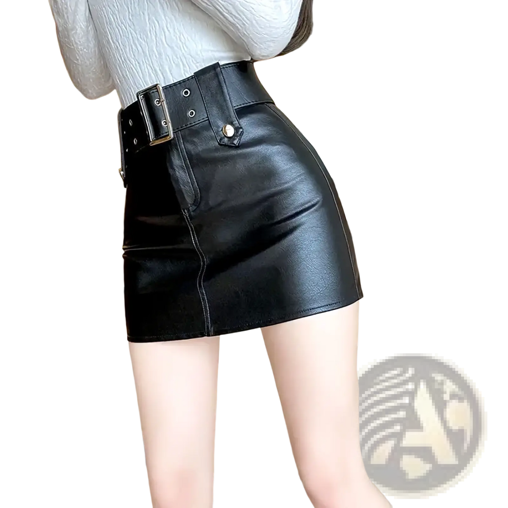 Black faux leather mini skirt with wide belt and silver toned hardware for stylish versatile wear