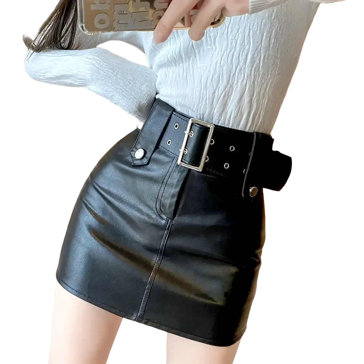 Black faux leather mini skirt with wide belt featuring silver-toned hardware and button details