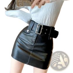 Black faux leather mini skirt with wide belt featuring silver-toned hardware and button details