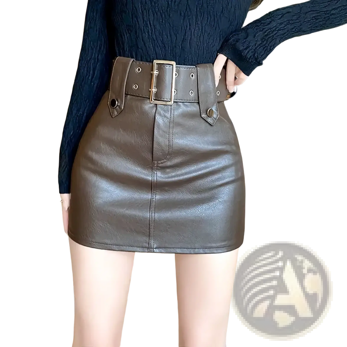 Brown faux leather mini skirt with wide belt and silver buckle for stylish casual or evening wear