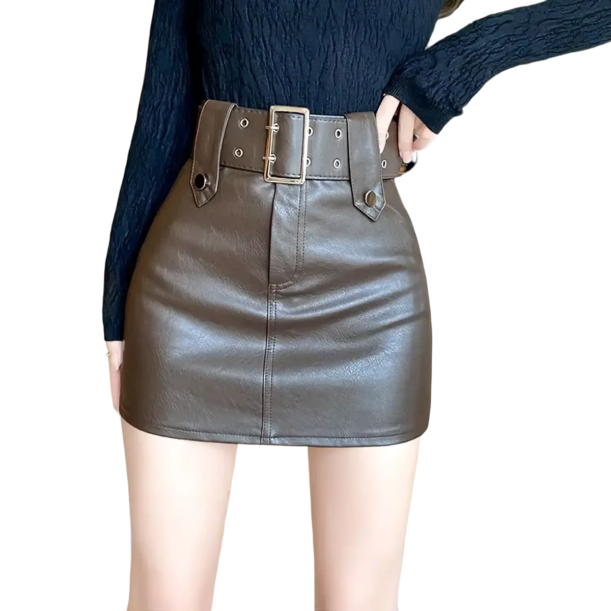 Brown faux leather mini skirt with wide belt and silver buckle showcasing a stylish front design