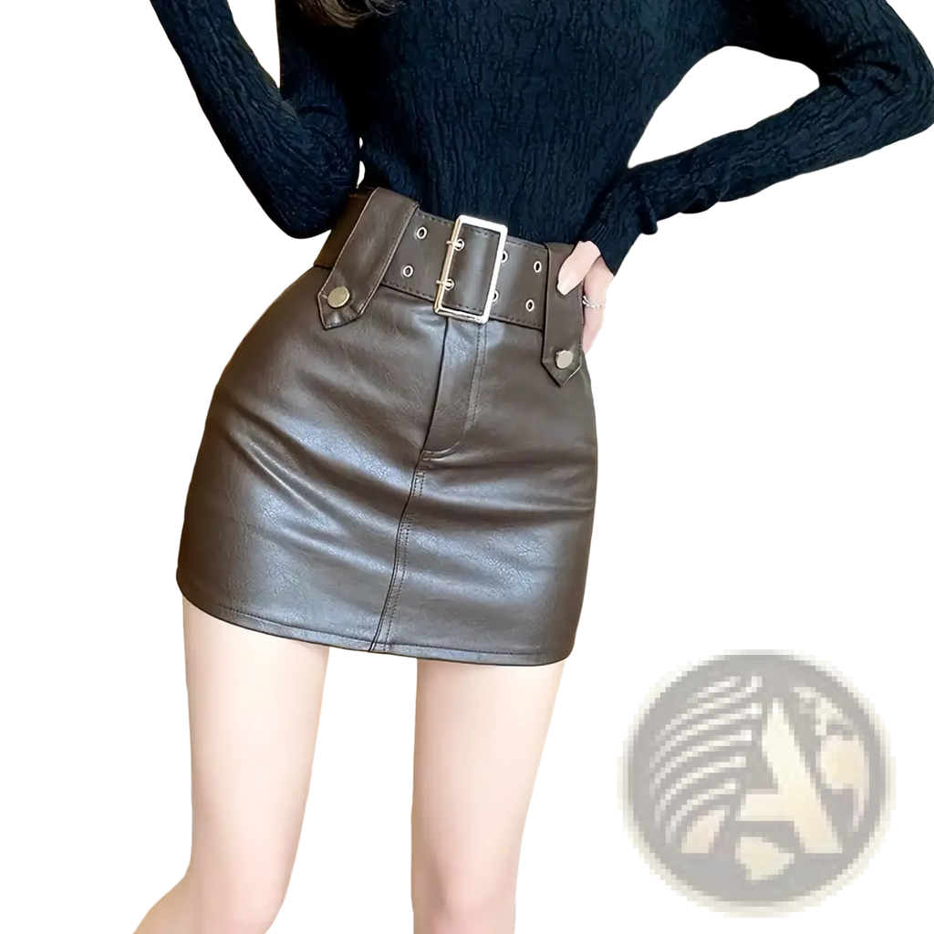 A sleek dark brown faux leather mini skirt with a wide belt and silver toned hardware for stylish wear