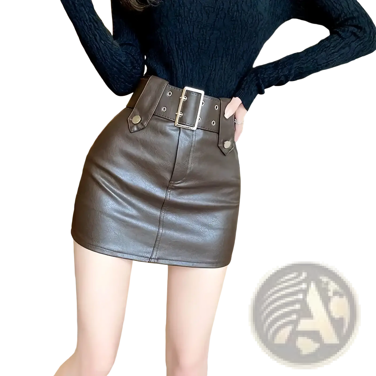 A sleek dark brown faux leather mini skirt with a wide belt and silver toned hardware for stylish wear