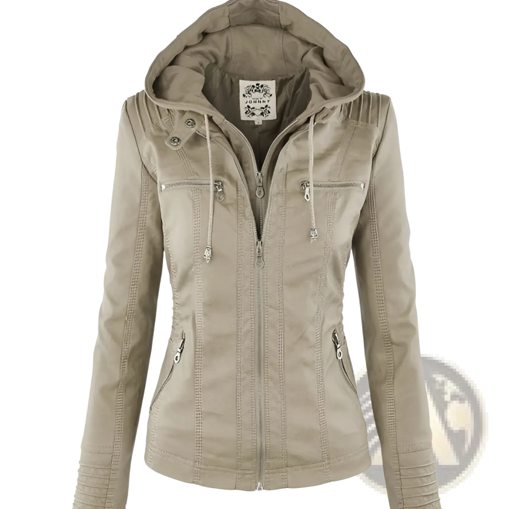 Beige faux leather moto jacket with zippered pockets and detachable hood featuring a drawstring for adjustable fit