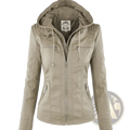 Beige faux leather moto jacket with zippered pockets and detachable hood featuring a drawstring for adjustable fit