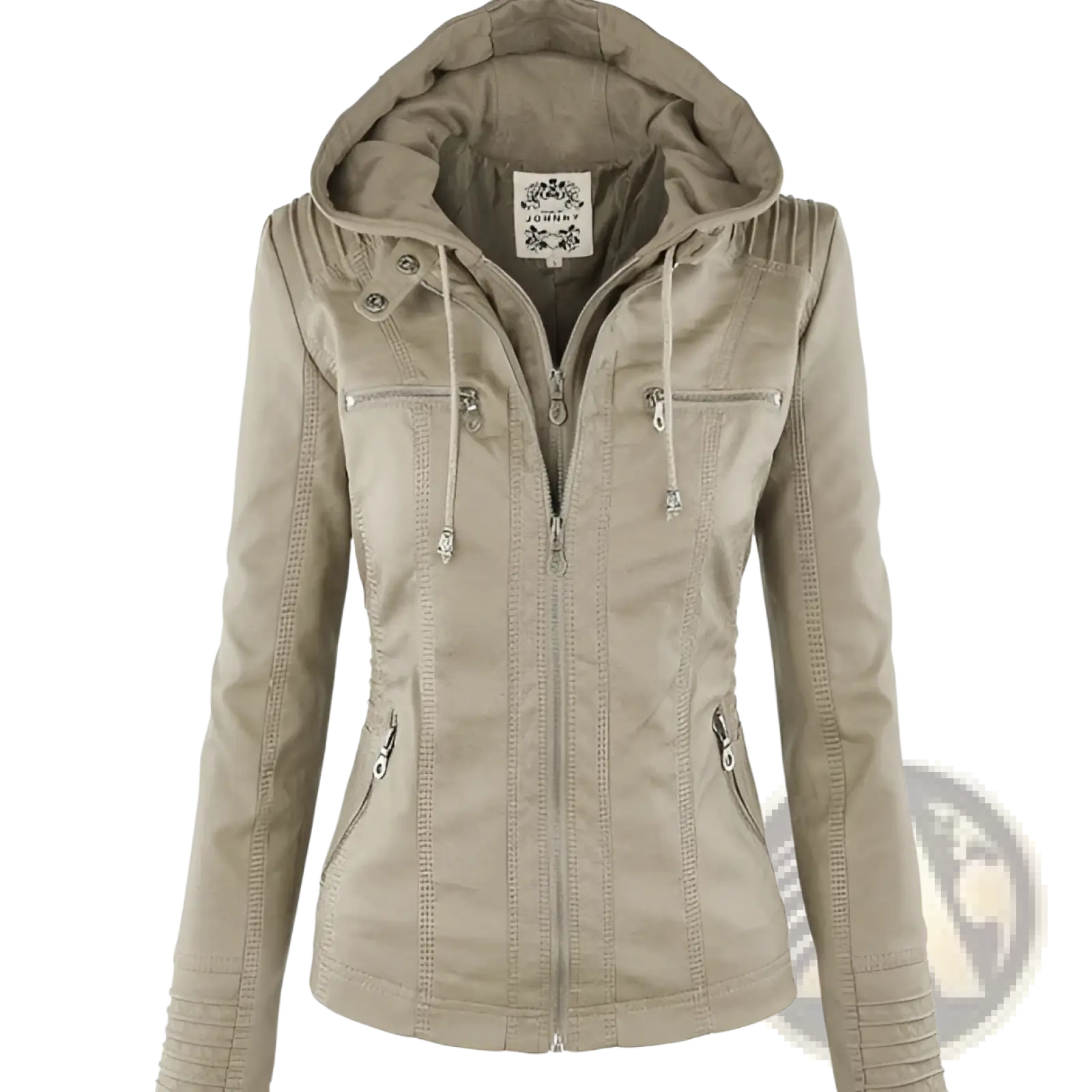 Beige faux leather moto jacket with zippered pockets and detachable hood featuring a drawstring for adjustable fit