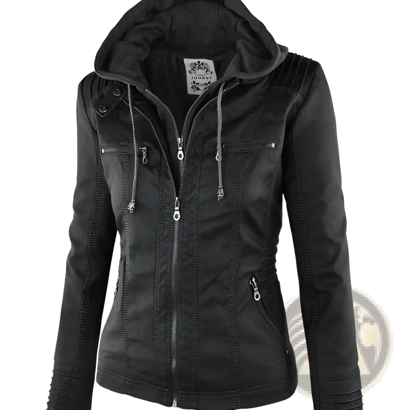 Black faux leather moto jacket with detachable hood textured distressed finish and silver-toned zippers