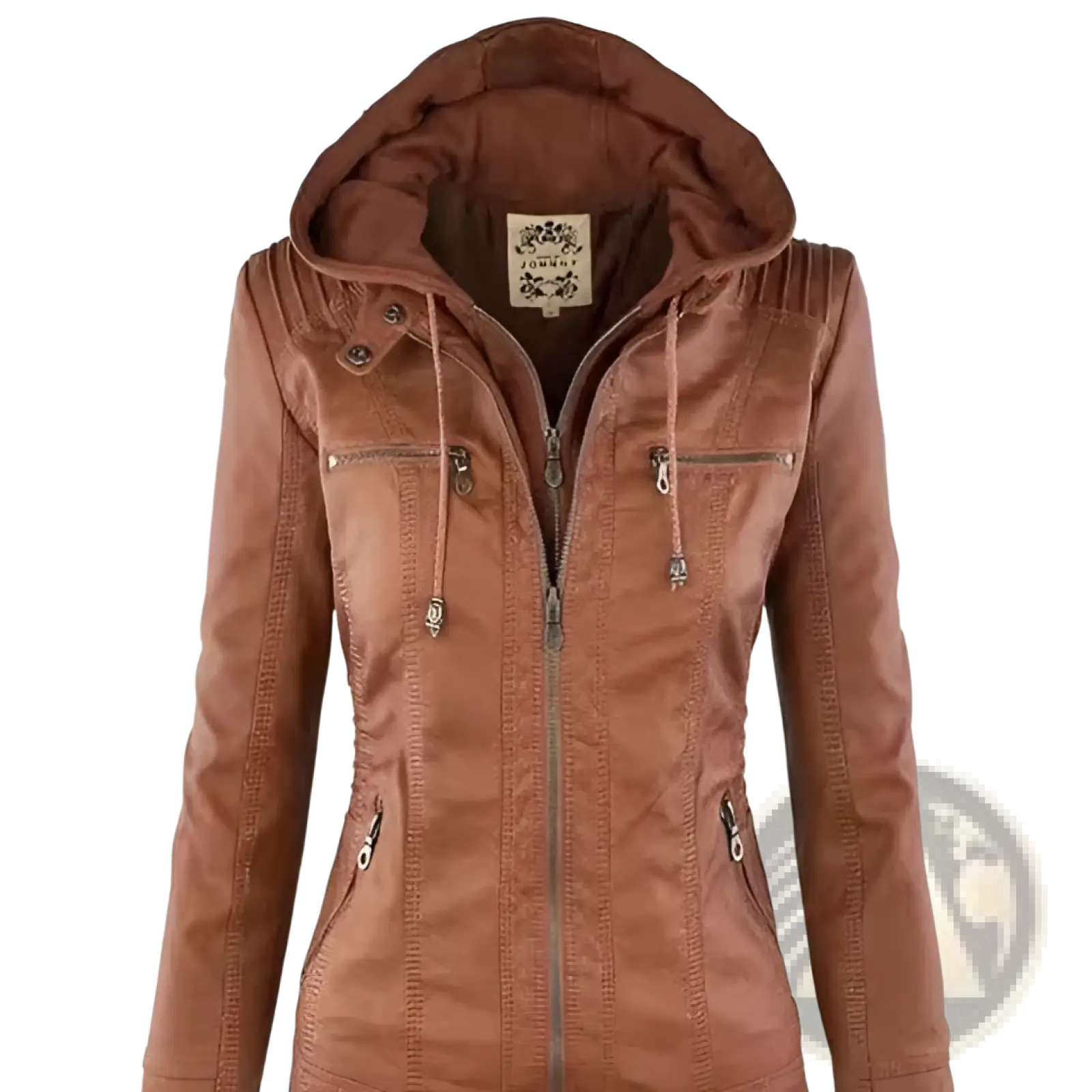 Brown faux leather moto jacket with detachable hood zippered pockets and drawstring detailing