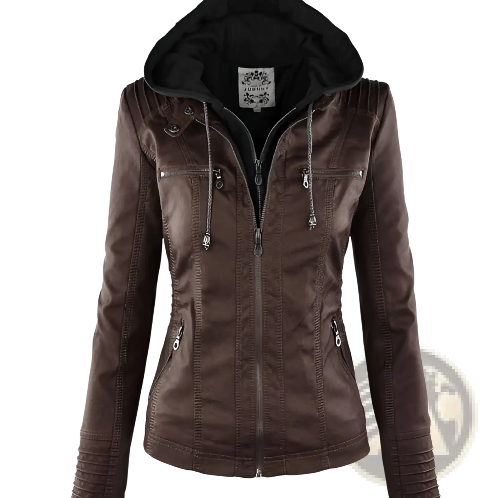 Brown faux leather moto jacket with detachable hood black inner lining and silver zippers front view