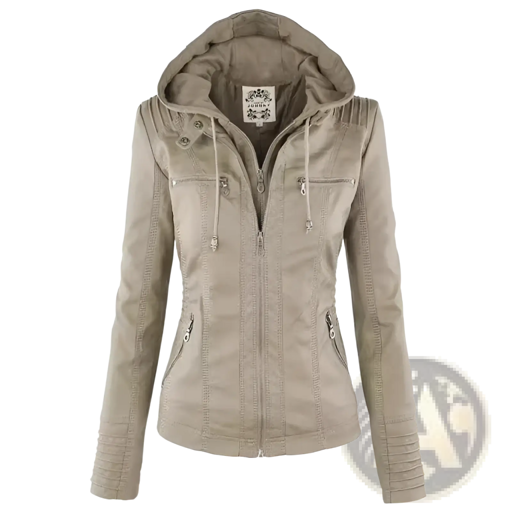 Beige faux leather moto jacket with zipper front two chest pockets ribbed cuffs and detachable hood