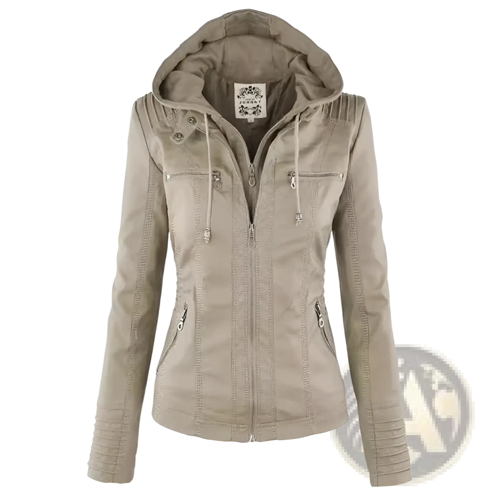 Beige faux leather moto jacket with zipper front two chest pockets ribbed cuffs and detachable hood