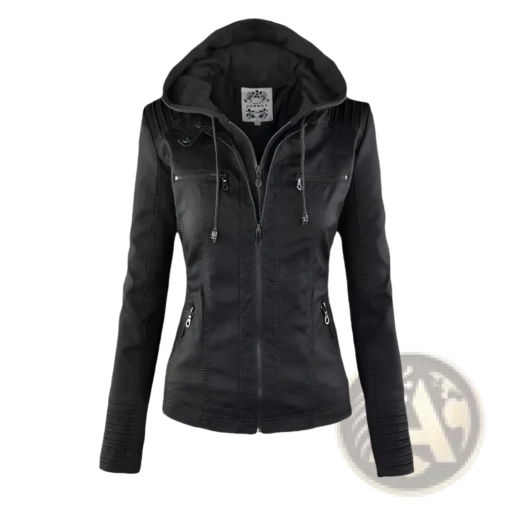 Black faux leather moto jacket with detachable hood zippered pockets and ribbed cuffs for stylish outerwear
