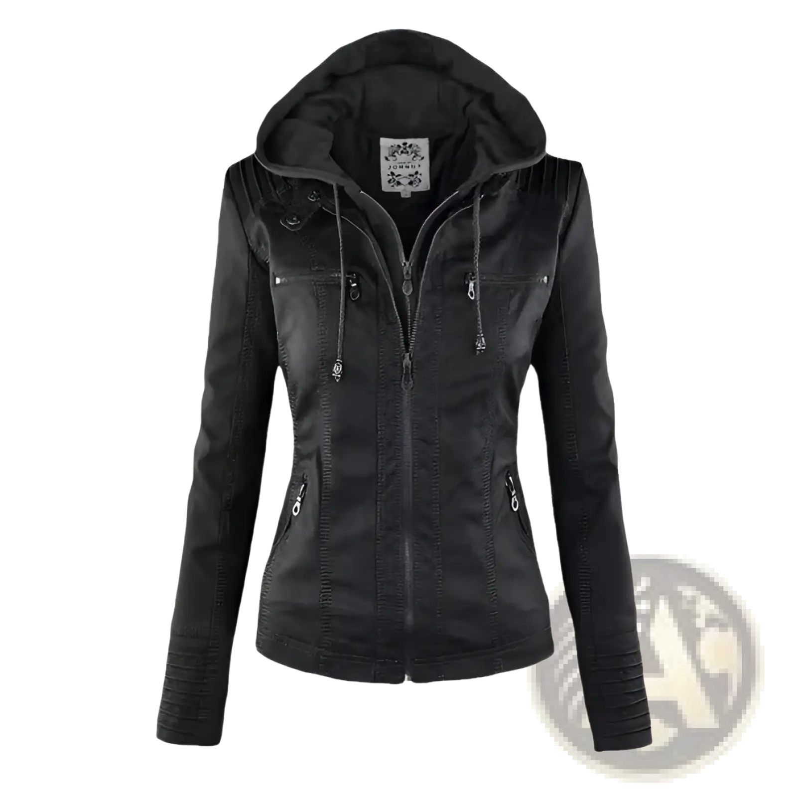 Black faux leather moto jacket with detachable hood zippered pockets and ribbed cuffs for stylish outerwear