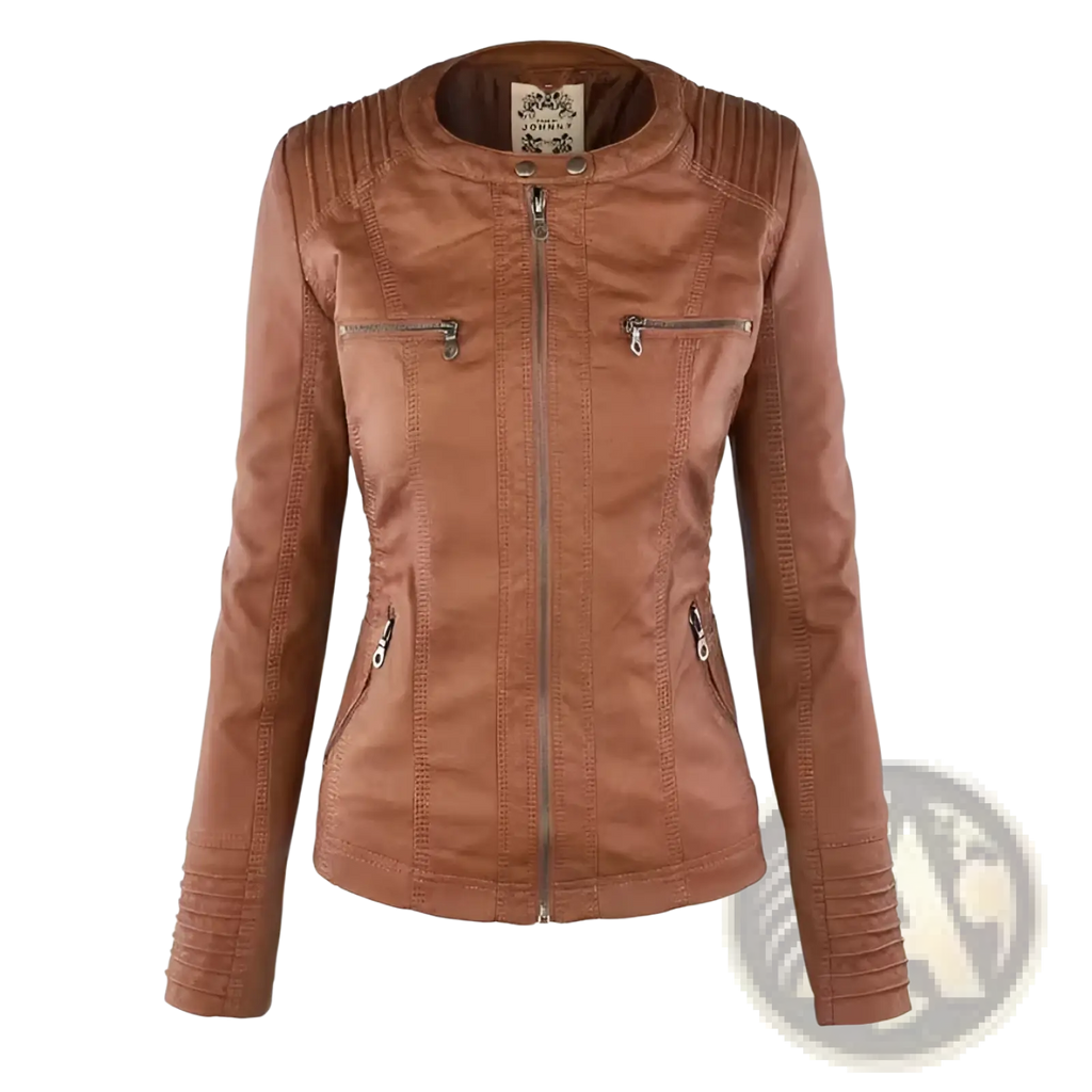 A tan faux leather moto jacket with ribbed shoulders and cuffs, central zipper, and two front zippered pockets