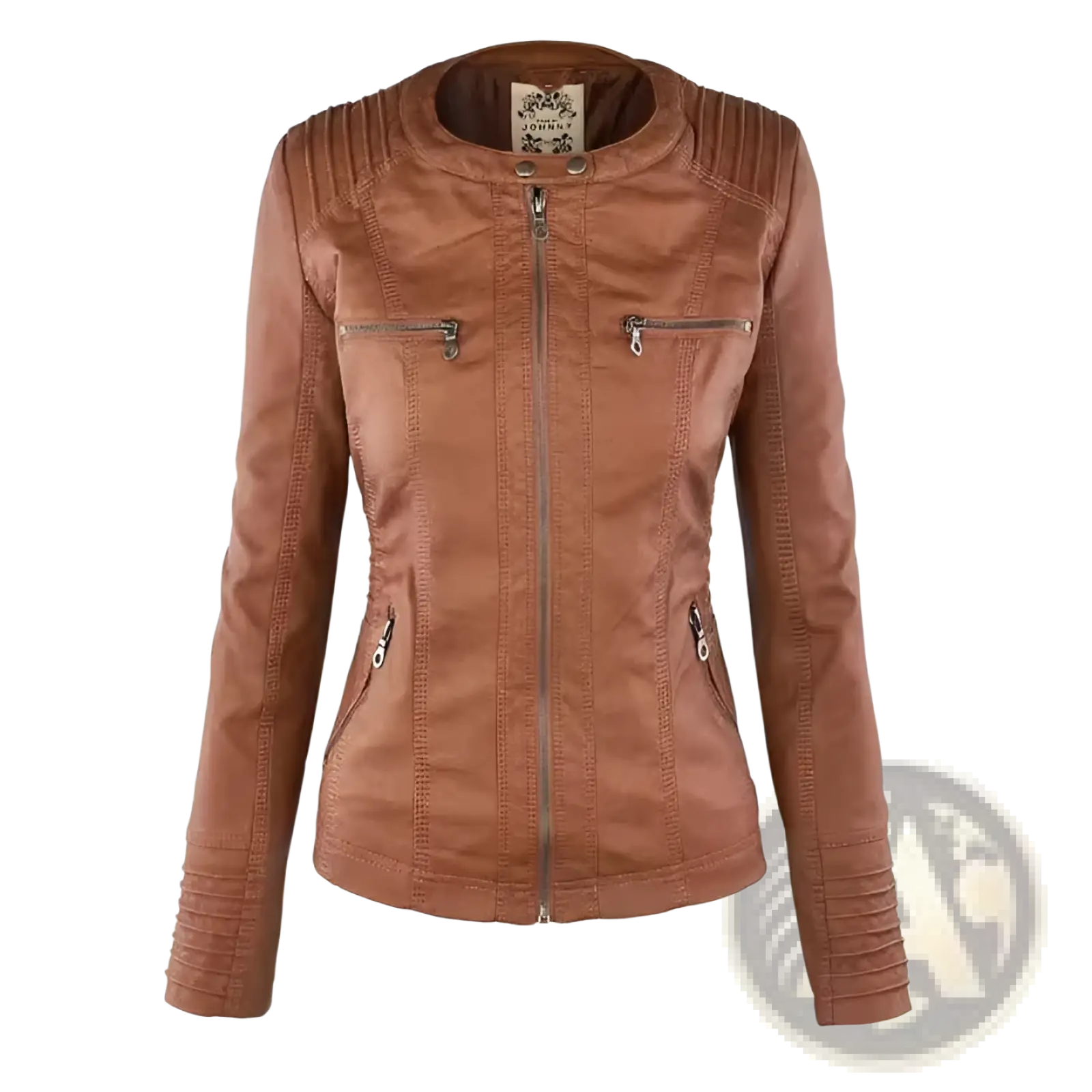 A tan faux leather moto jacket with ribbed shoulders and cuffs, central zipper, and two front zippered pockets