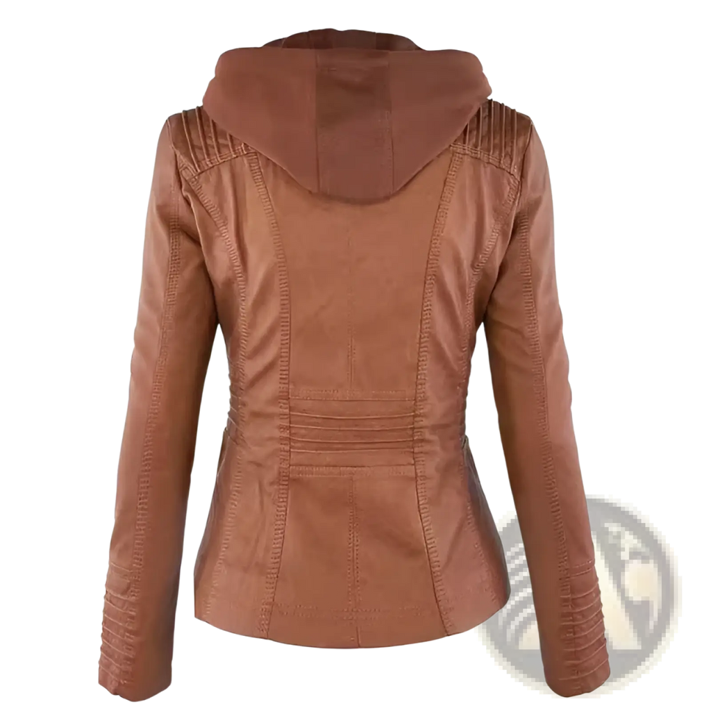 Tan faux leather moto jacket with detachable hood featuring structured seams and ribbed cuffs front view