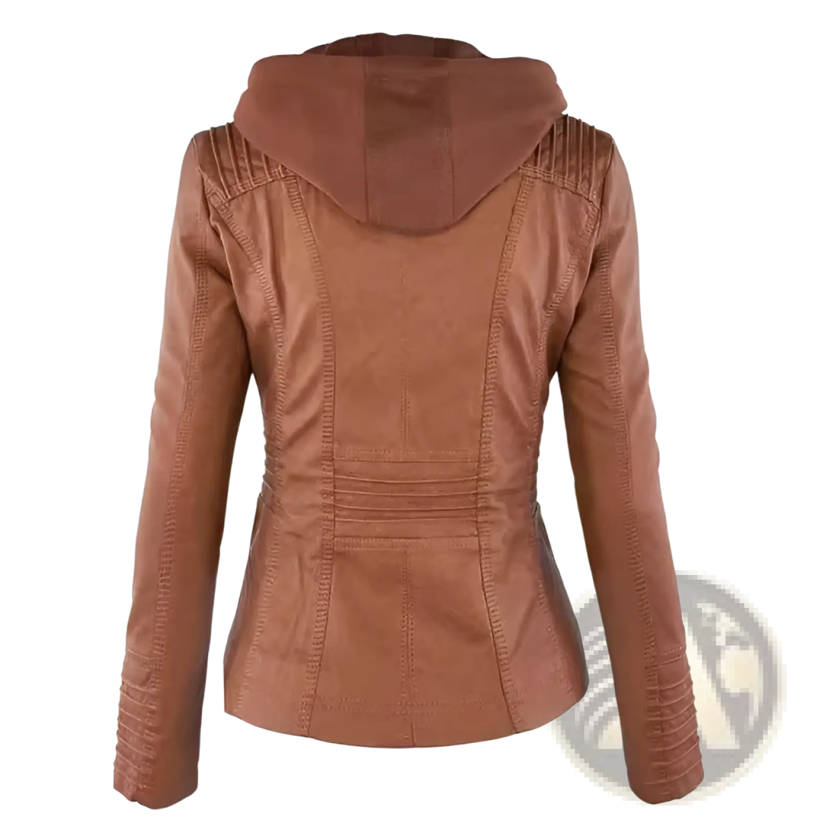 Tan faux leather moto jacket with detachable hood featuring structured seams and ribbed cuffs front view