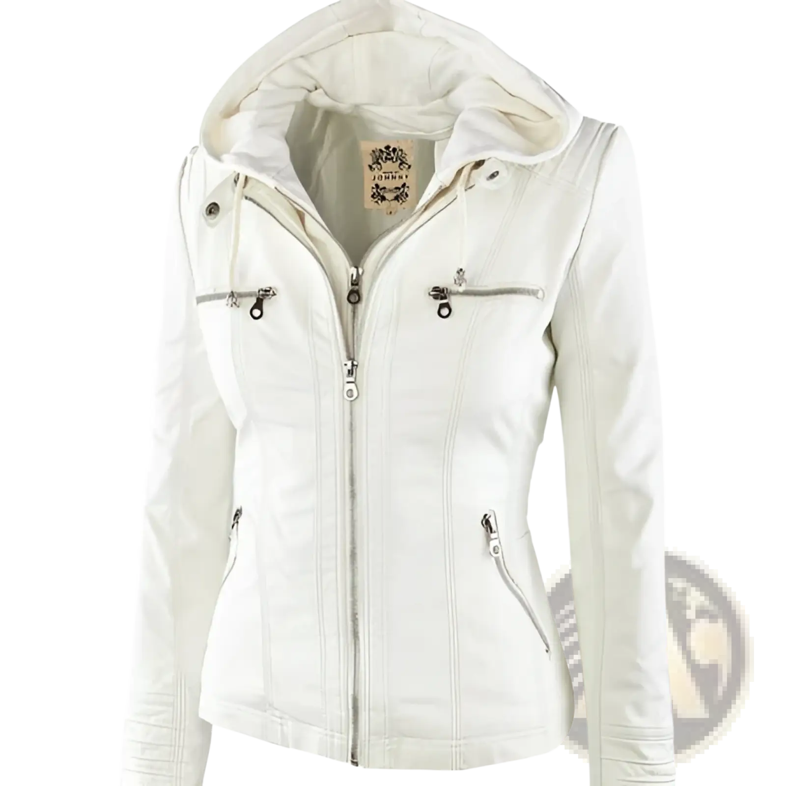White faux leather moto jacket with detachable hood featuring silver zippers and stitching details visible from front
