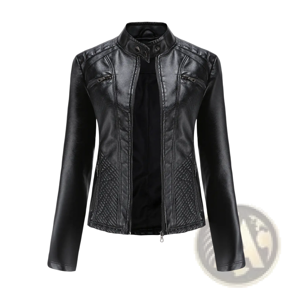 Black faux leather moto jacket with quilted paneling and zippered pockets slim fit outerwear