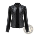 Black faux leather moto jacket with quilted paneling and zippered pockets slim fit outerwear