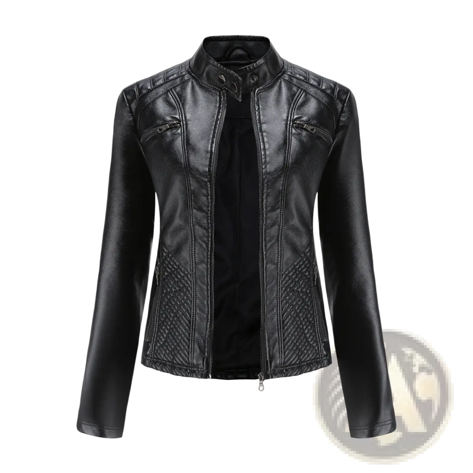 Black faux leather moto jacket with quilted paneling and zippered pockets slim fit outerwear