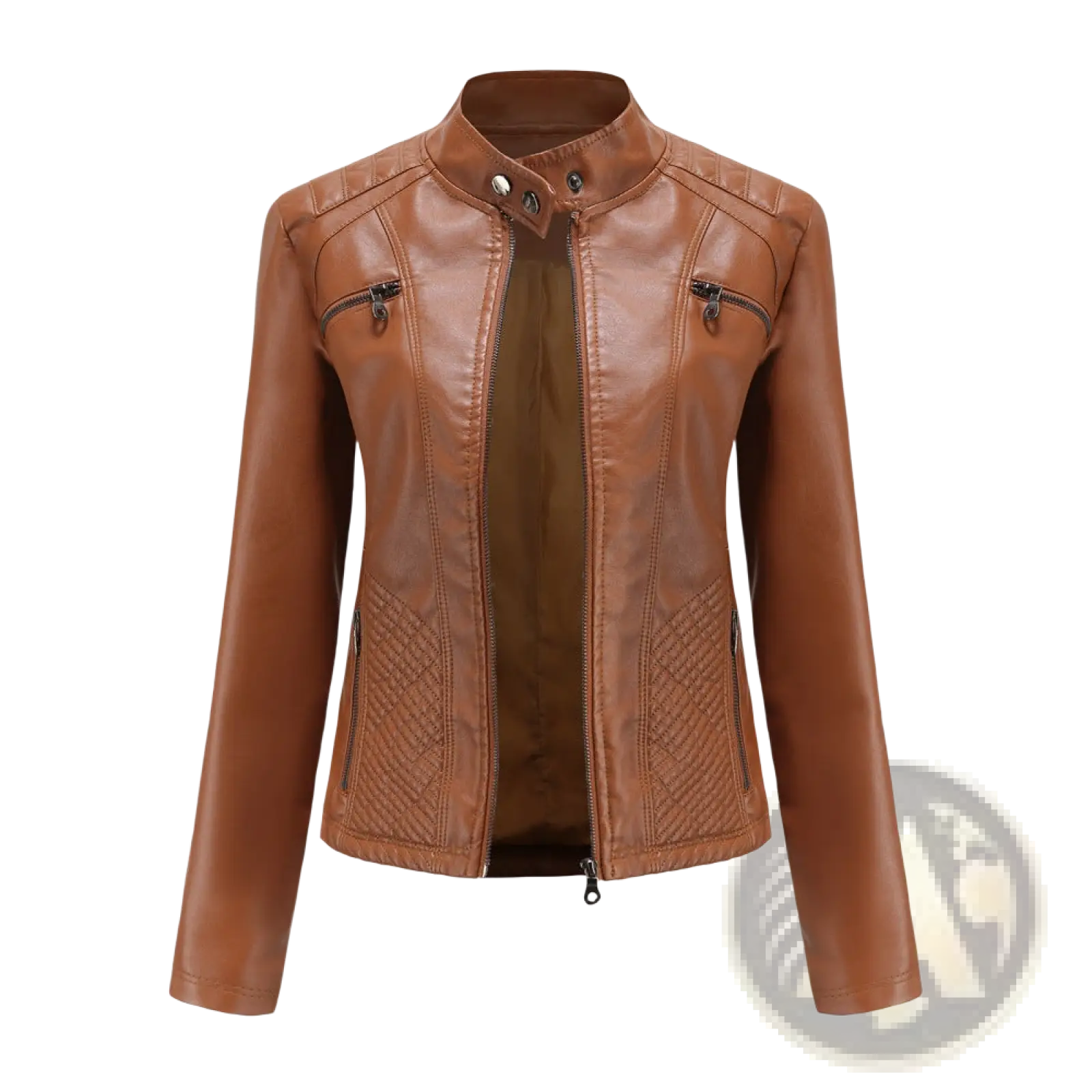 Brown faux leather moto jacket with quilted paneling and zipper details in slim fit outerwear design