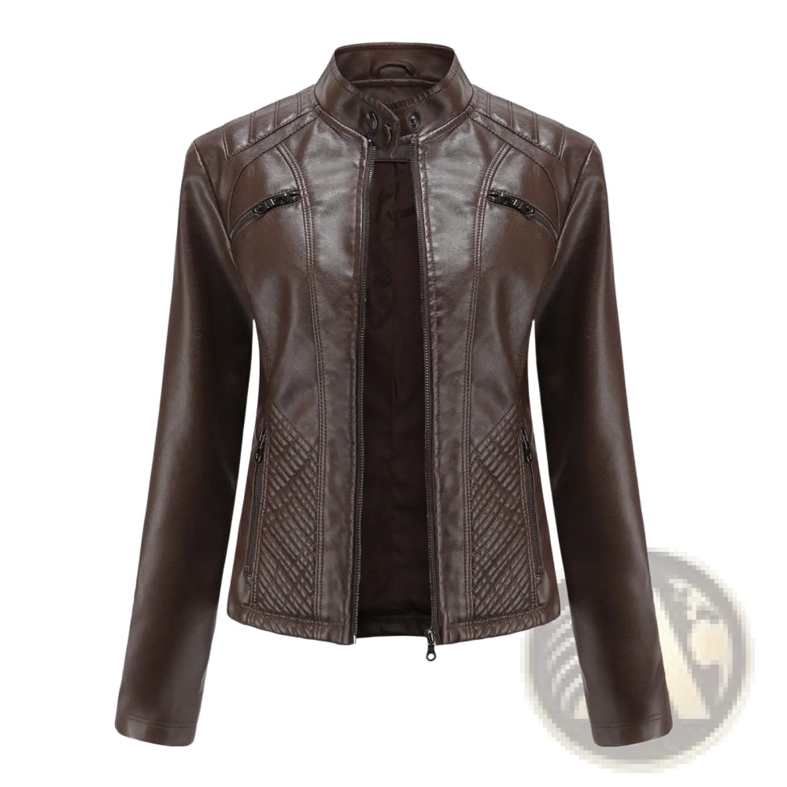 Brown faux leather moto jacket with quilted paneling and black zippers slim fit outerwear front view