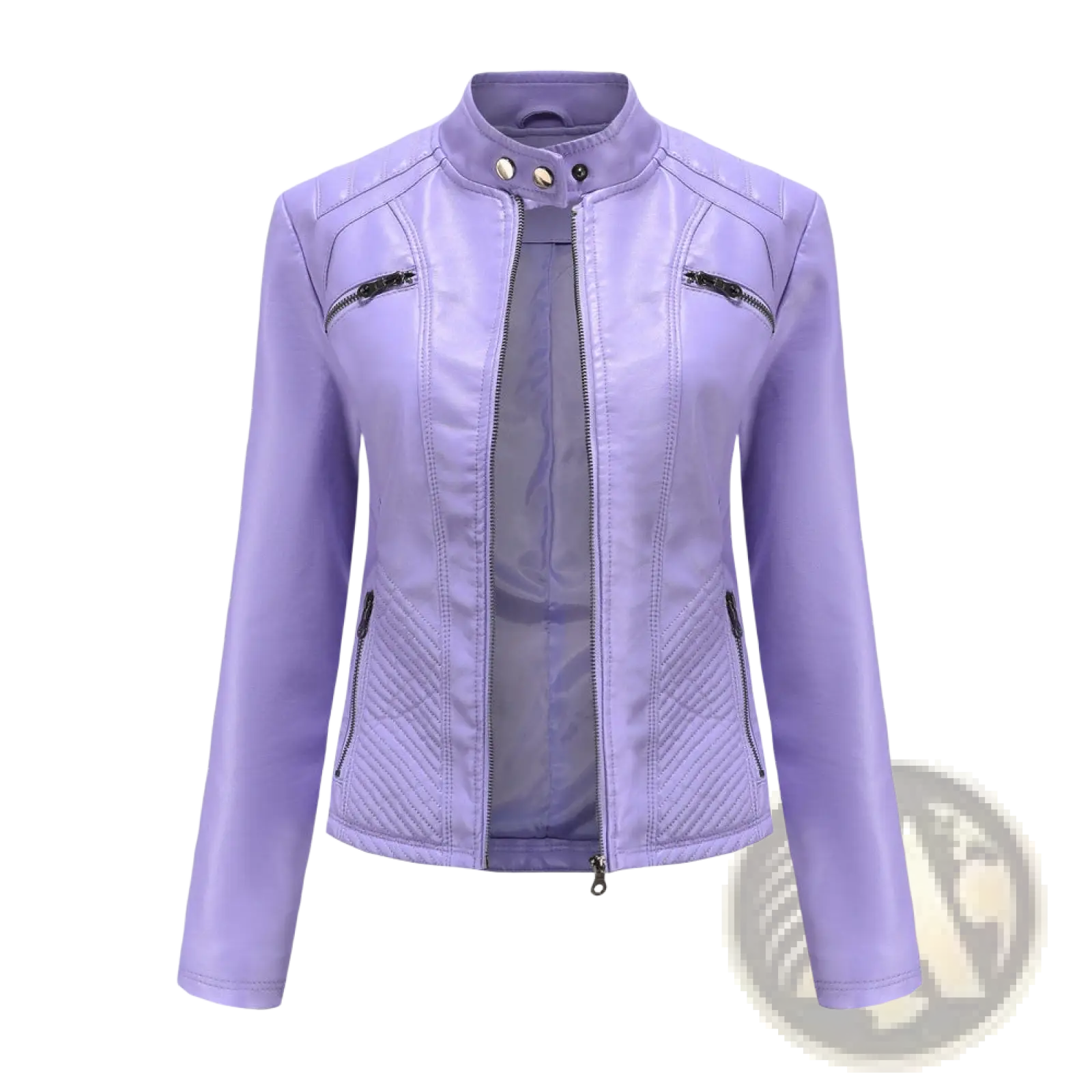 Lavender faux leather moto jacket with stand-up collar black zippers and quilted slim fit panels on front