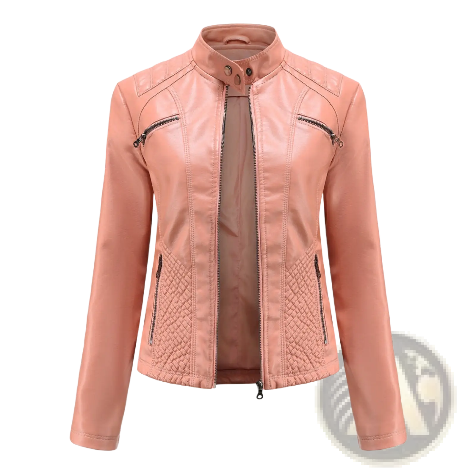 A peach-colored faux leather moto jacket with quilted paneling and front zipper closure slim fit outerwear