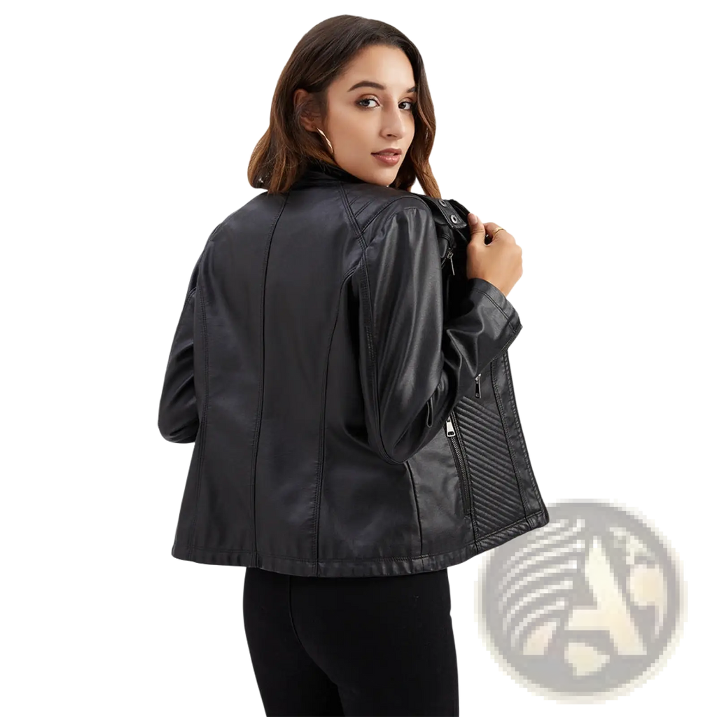 Black faux leather moto jacket with quilted detailing on sleeves and front zipper slim fit outerwear
